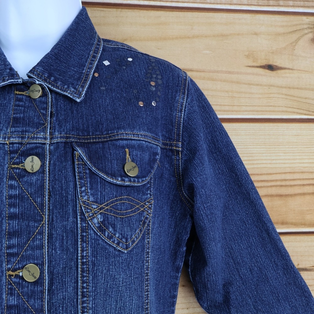 Love Jeans Cropped Denim Jacket Womens Size S Blue Dark Wash Rhinestones Pockets - Picture 7 of 8